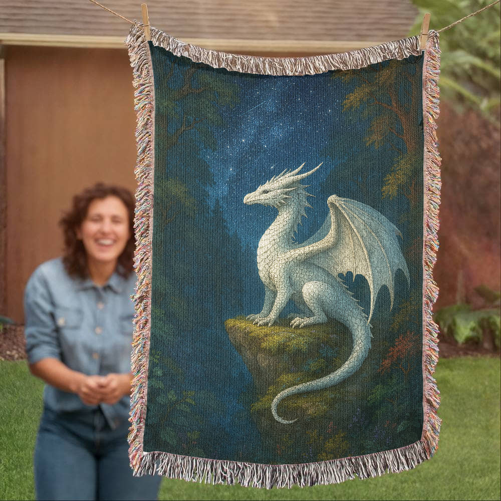 100% Cotton Woven Blanket – White Dragon Perched on Woodland Cliff under Stars