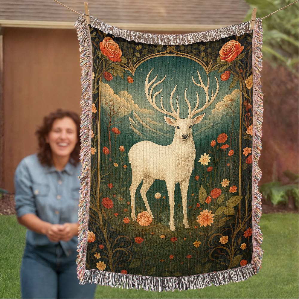 100% Cotton Woven Blanket – Enchanted White Deer with Mountain Clouds and Floral Accents