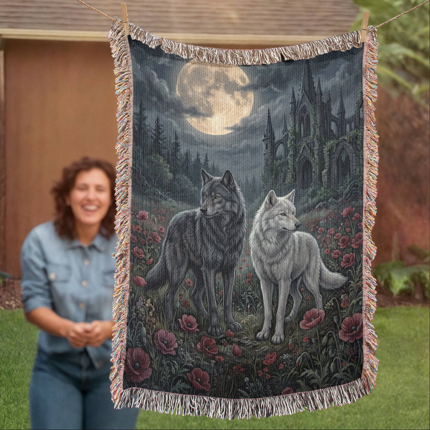 Cotton Woven Blanket – Gothic Wolf Couple in Poppy Field under Moon