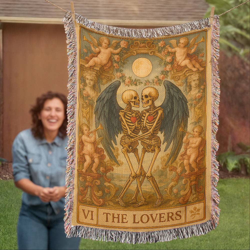 100% Cotton Woven Blanket – Gothic Skeleton Couple with Black Wings Surrounded by Cherubs, The Lovers Card Design