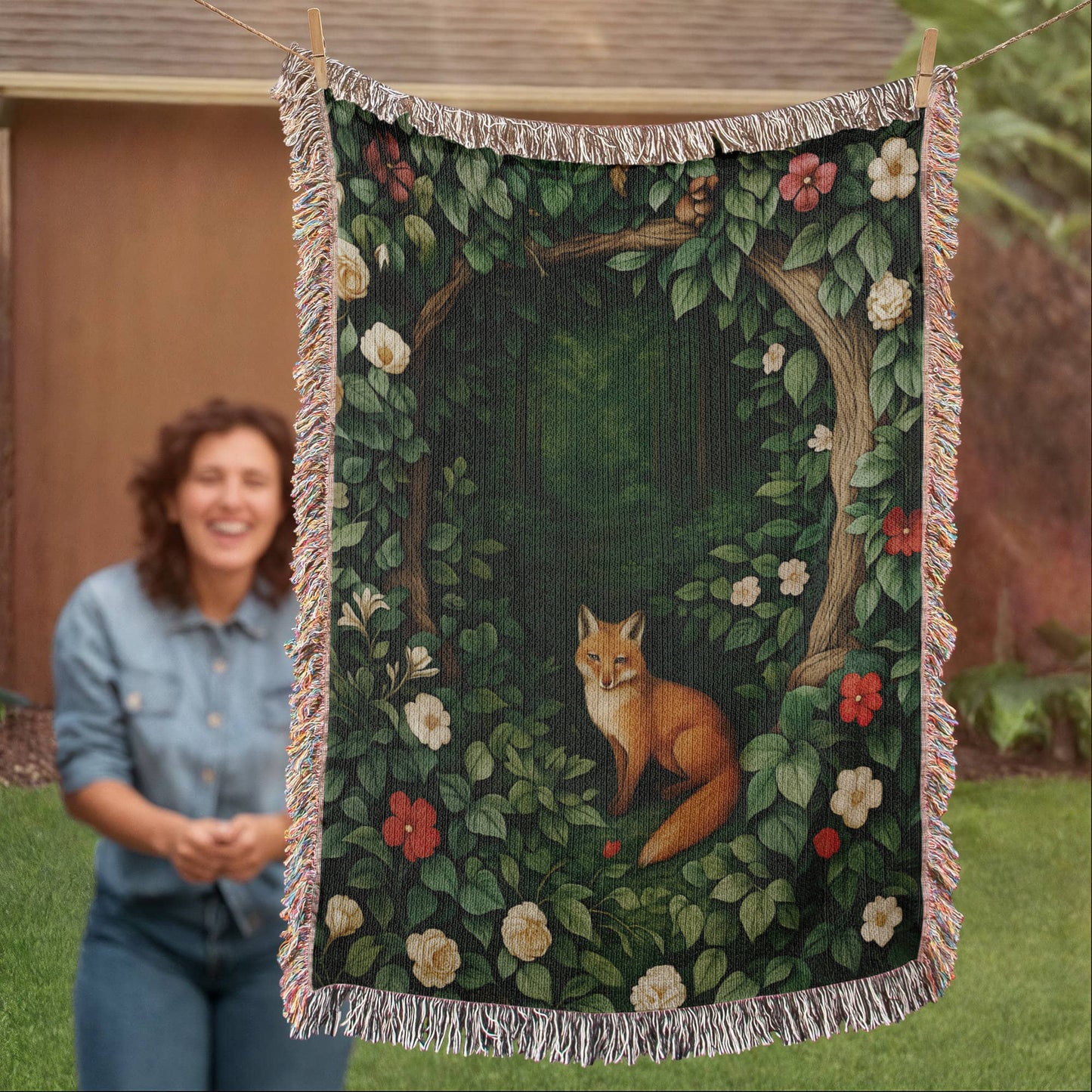 Cotton Woven Blanket – Woodland Fox among Leaves and Flowers