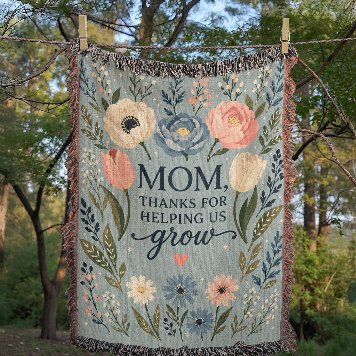 100% Cotton Woven Blanket – Mom Thanks for Helping Us Grow, Blue Floral Mother's Day Throw Gift