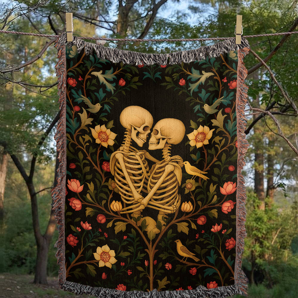 Premium Woven Cotton Throw – Skeleton Lovers in Enchanted Floral Border