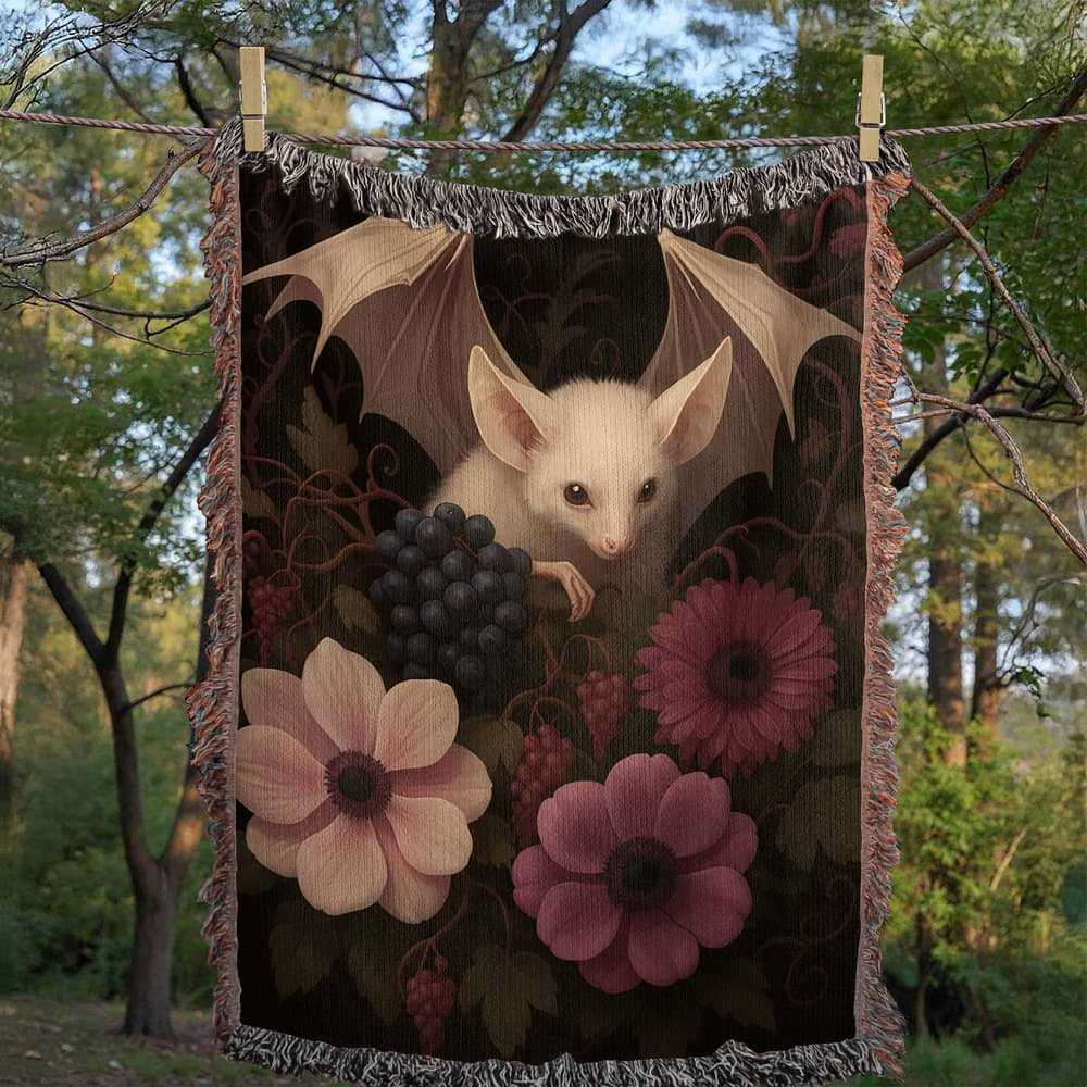 100% Cotton Woven Blanket – Bat Resting in Blooming Flowers