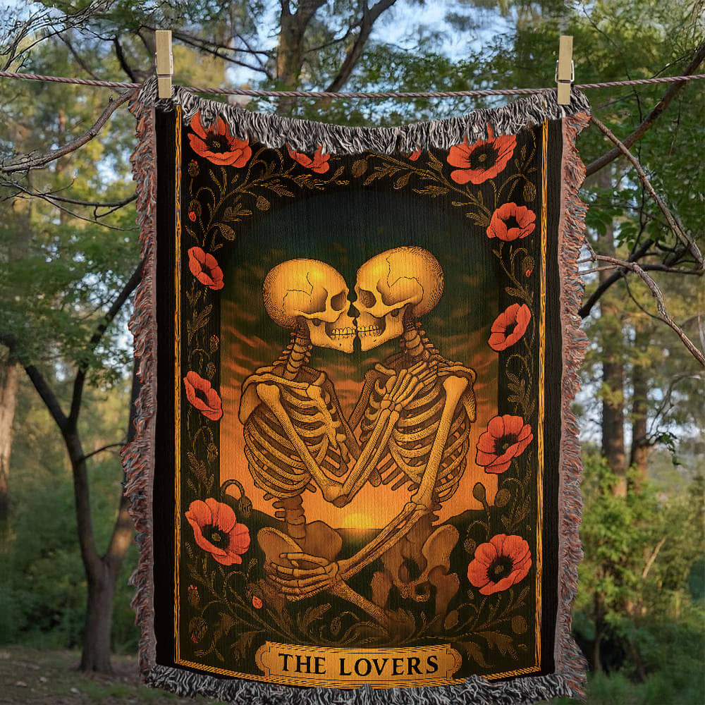 Premium Woven Cotton Throw – Skeleton Lovers with Poppy Garland Frame, Sunset Scene & The Lovers Caption