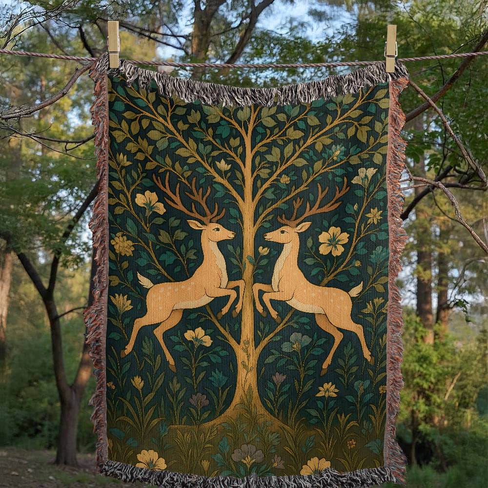 Premium Woven Cotton Throw – Fantasy Deer Duo Rearing Face to Face under Enchanted Tree