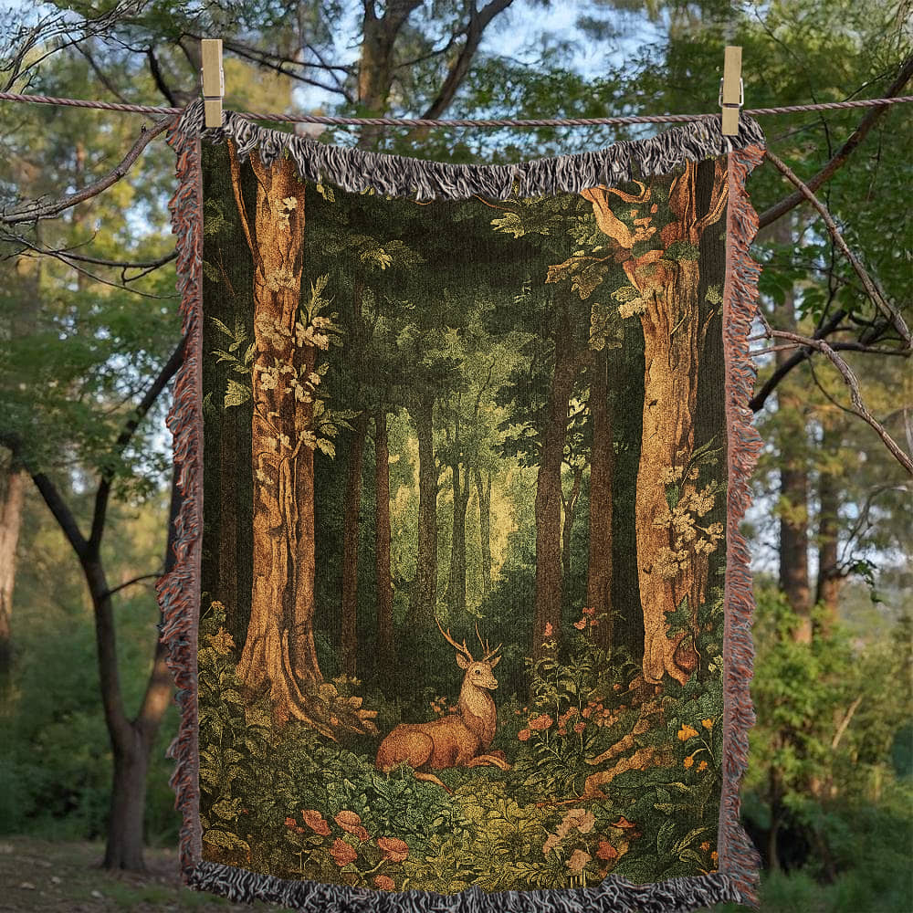 100% Cotton Woven Blanket – Enchanted Deer on Flowered Clearing in Woodland