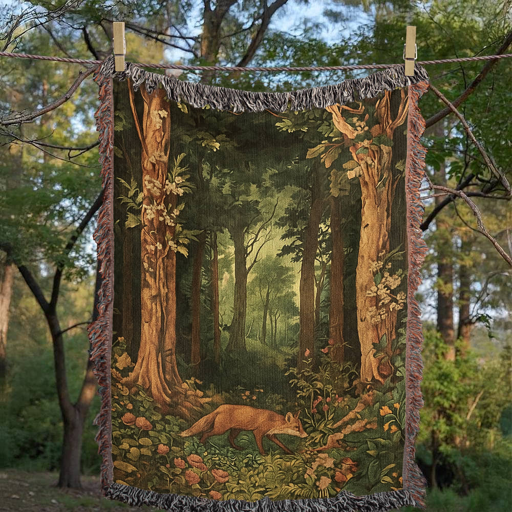100% Cotton Woven Blanket – Enchanted Fox on Flowered Clearing in Woodland