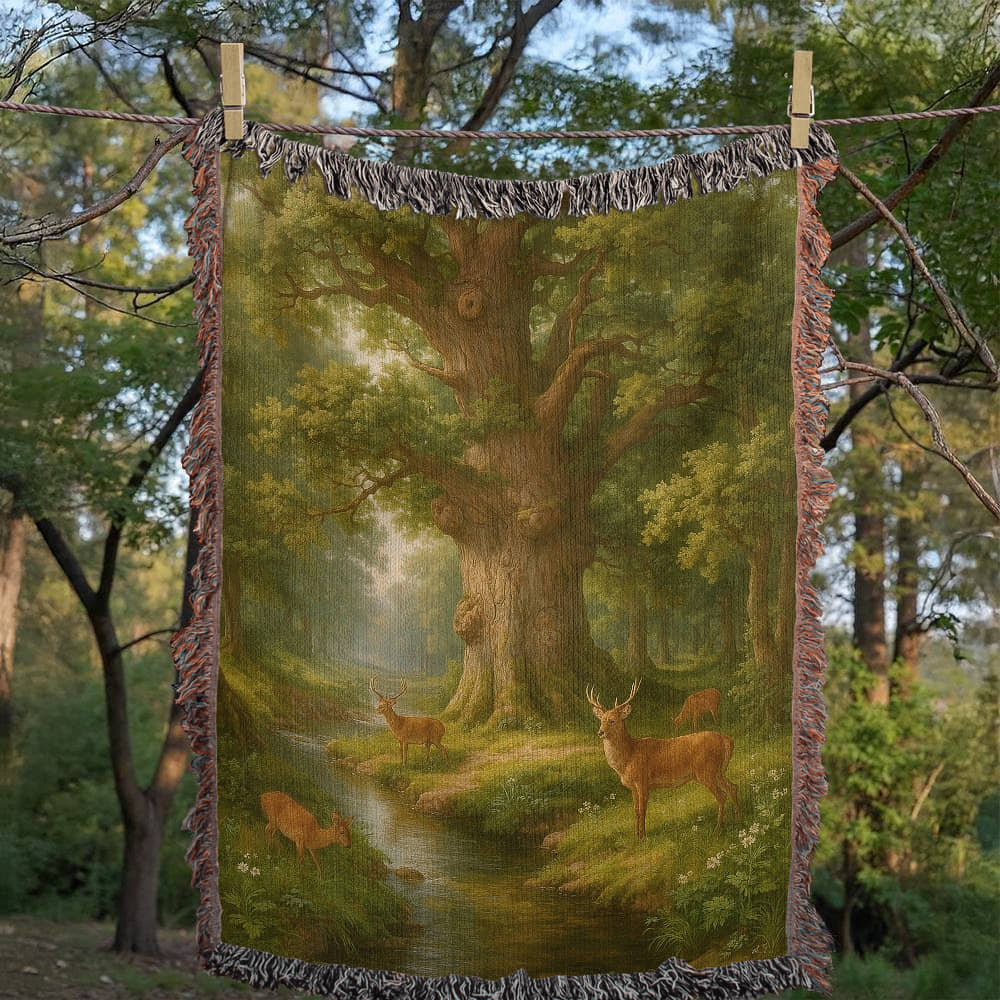 Premium Woven Cotton Throw – Deer Gathering at Stream under Towering Tree