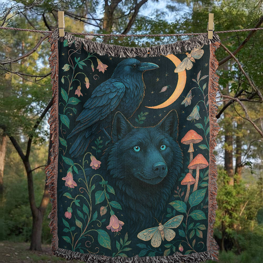 Premium Woven Cotton Throw – Enchanted Forest Scene with Black Wolf, Raven and Crescent Moon