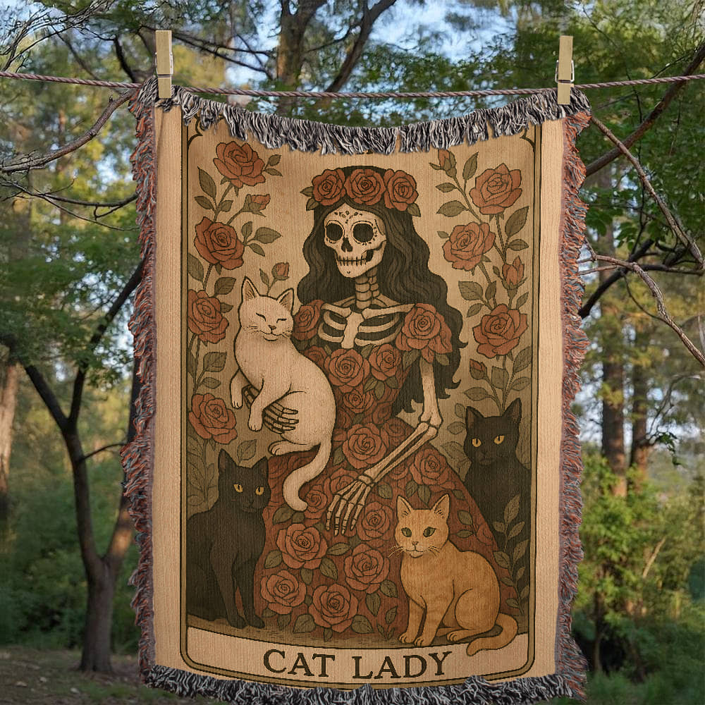 Premium Woven Cotton Throw – Skeleton Cat Lady Dressed in Red Roses with Four Cats, “Cat Lady” Card Artwork