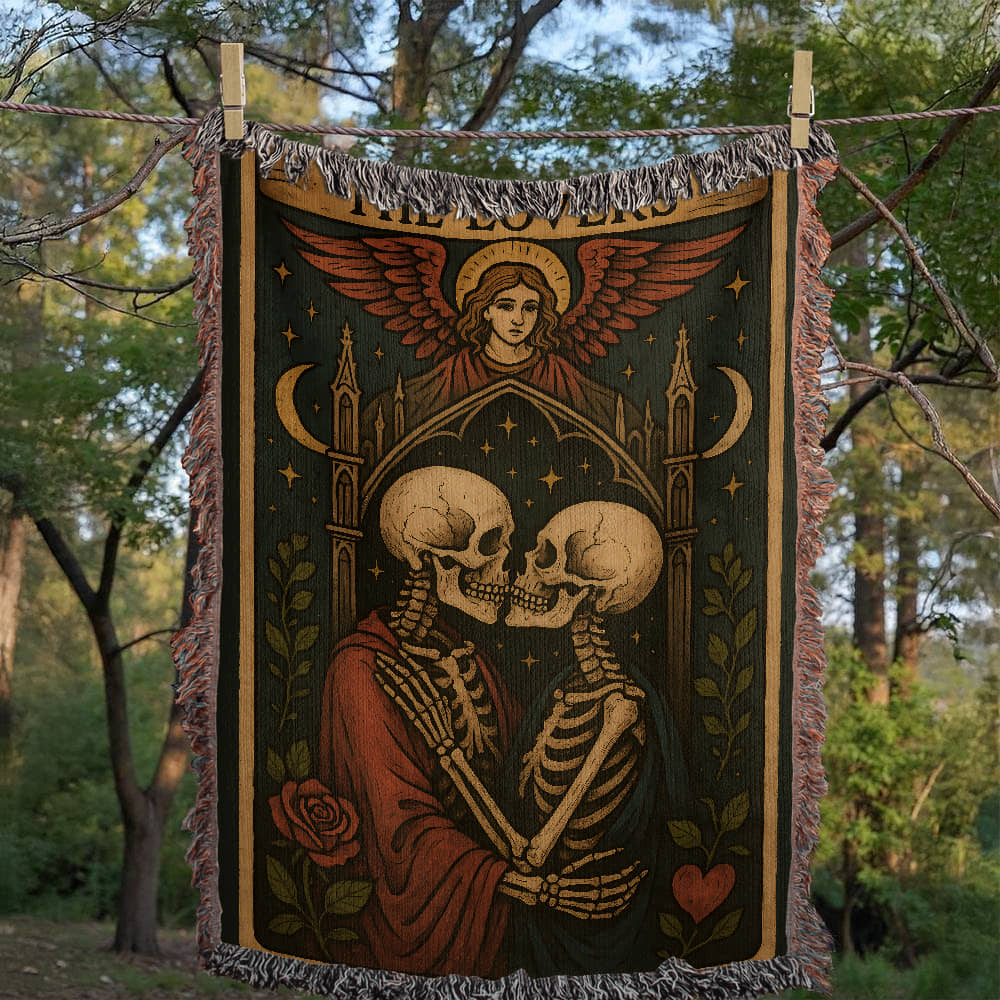 100% Cotton Woven Blanket – Gothic Skeleton Couple under Moon and Stars with Winged Angel, The Lovers Tarot Style