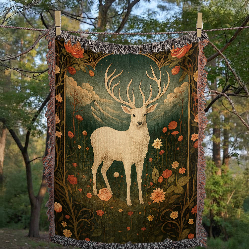 100% Cotton Woven Blanket – Enchanted White Deer with Mountain Clouds and Floral Accents