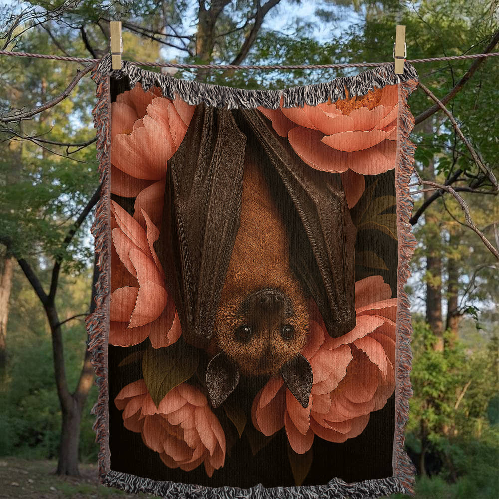 Premium Woven Cotton Throw – Bat Nestled among Vibrant Flowers