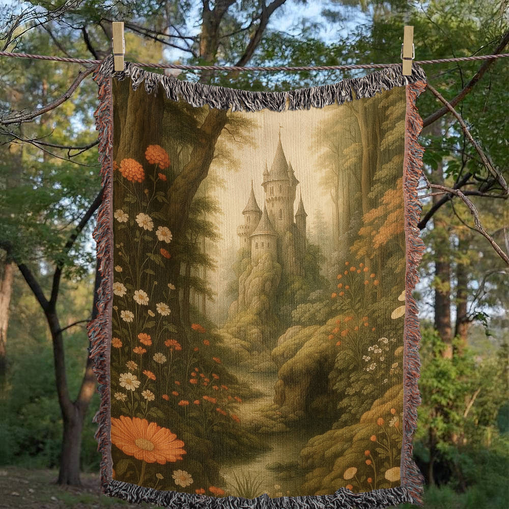 100% Cotton Woven Blanket – Fairytale Castle among Woodland Trees and Blossoms