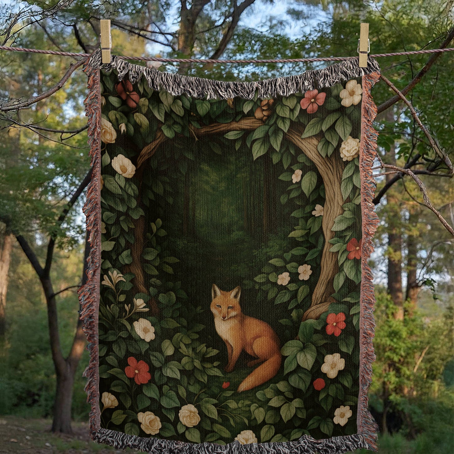 Cotton Woven Blanket – Woodland Fox among Leaves and Flowers