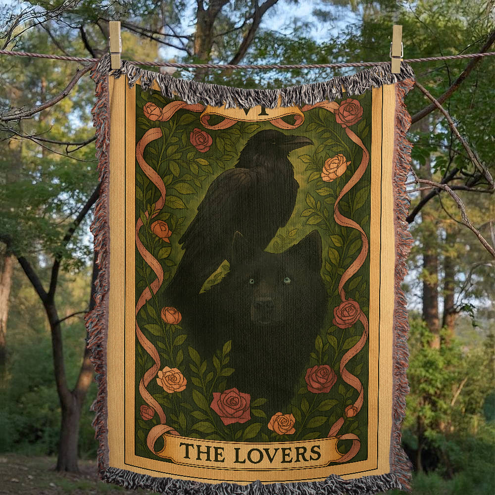100% Cotton Woven Blanket – Mystic Black Wolf and Raven on Grass & Flowers, The Lovers Card VI