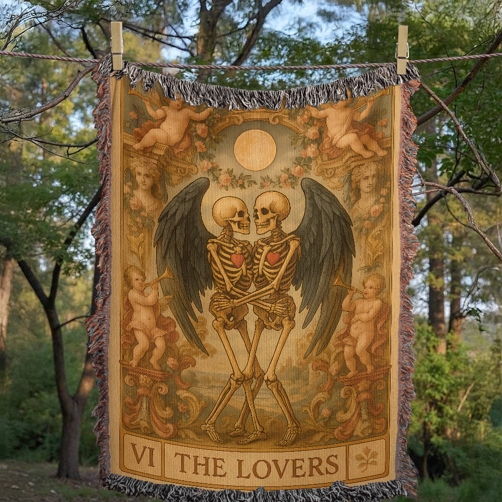 100% Cotton Woven Blanket – Gothic Skeleton Couple with Black Wings Surrounded by Cherubs, The Lovers Card Design