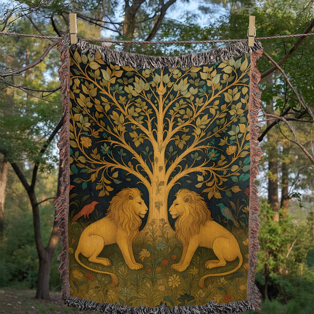 100% Cotton Woven Blanket – Majestic Lions under Forest Tree Gazing at One Another