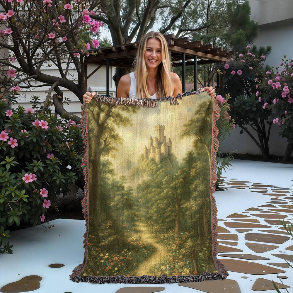 Premium Woven Cotton Throw – Fantasy Castle Rising above Trees on Hill