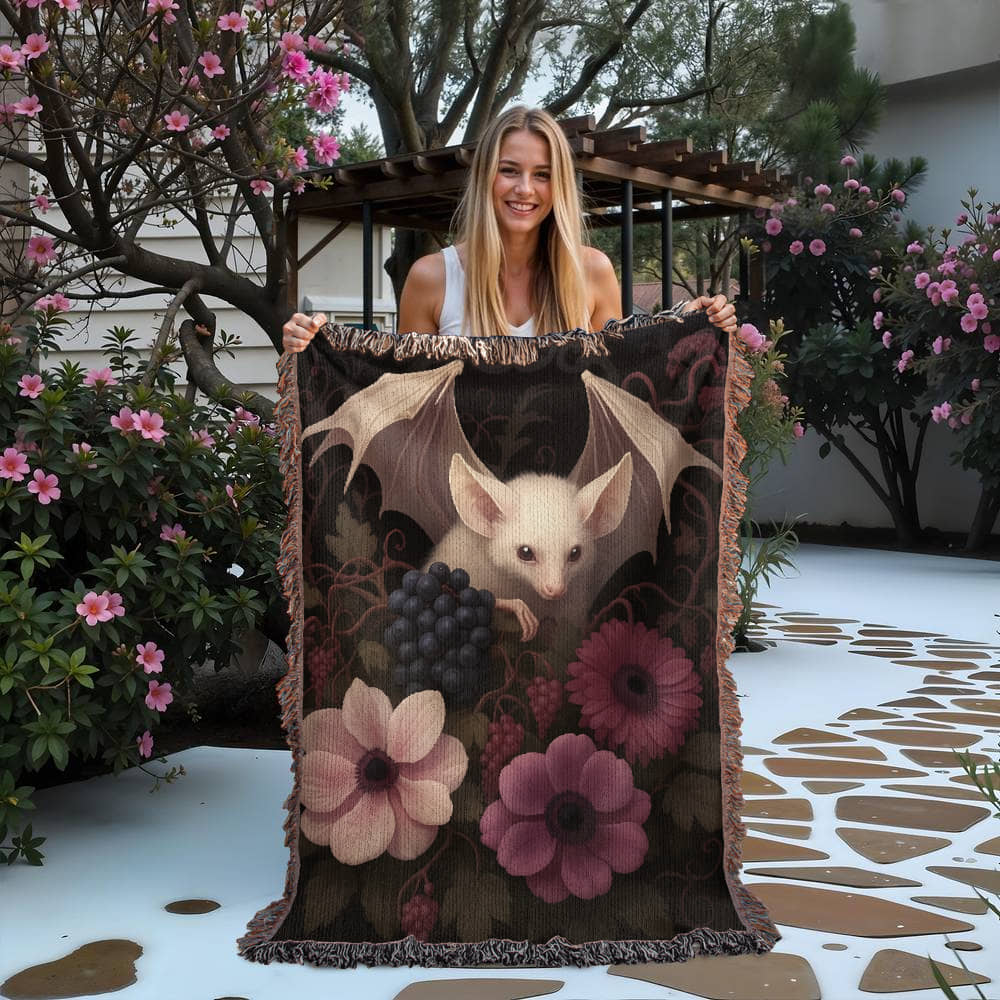 100% Cotton Woven Blanket – Bat Resting in Blooming Flowers