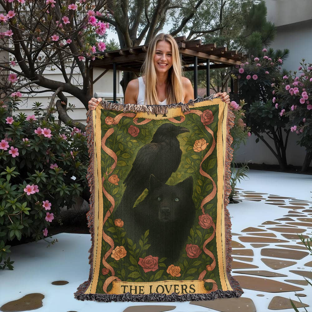 100% Cotton Woven Blanket – Mystic Black Wolf and Raven on Grass & Flowers, The Lovers Card VI
