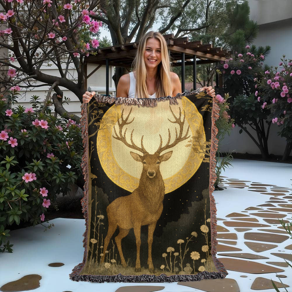 100% Cotton Woven Blanket – Majestic Deer on Night Meadow under Full Moon