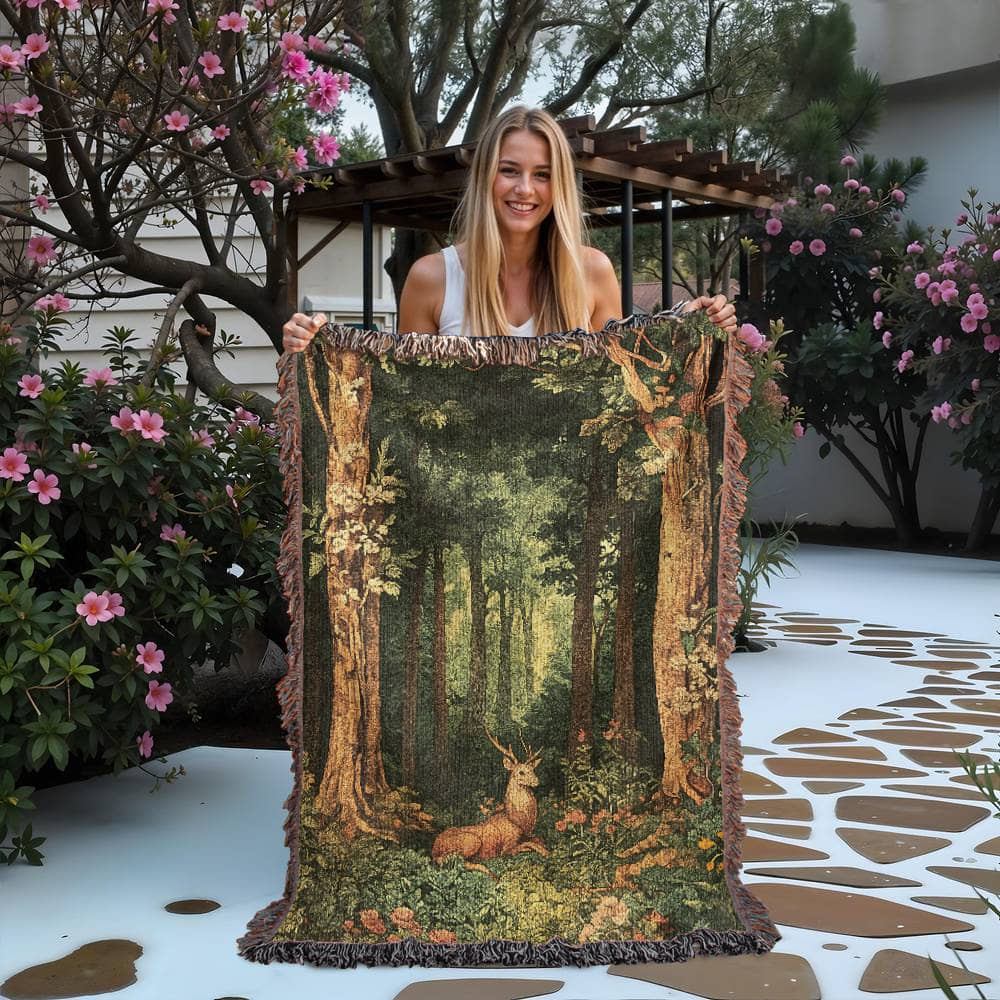100% Cotton Woven Blanket – Enchanted Deer on Flowered Clearing in Woodland