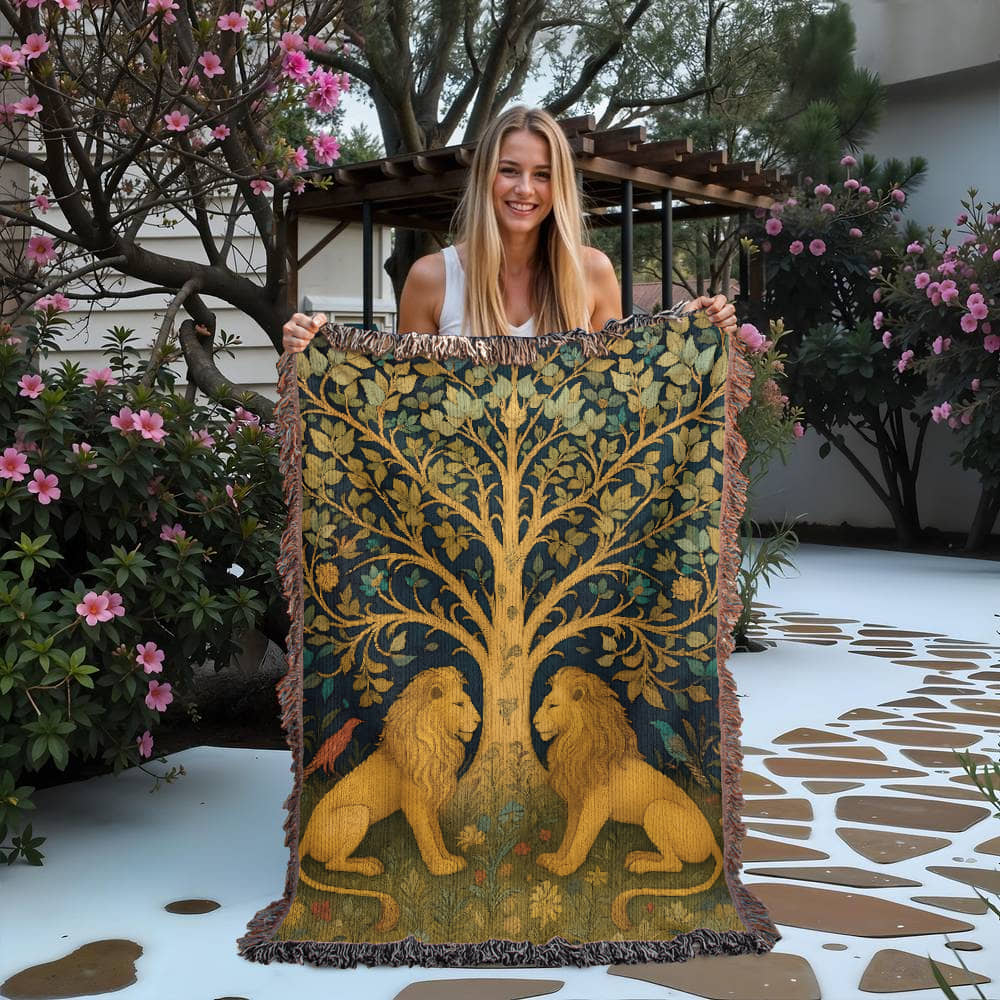 100% Cotton Woven Blanket – Majestic Lions under Forest Tree Gazing at One Another