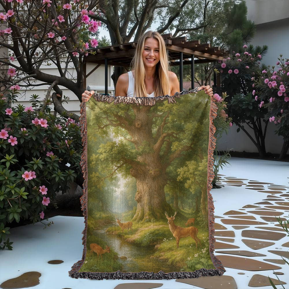 Premium Woven Cotton Throw – Deer Gathering at Stream under Towering Tree