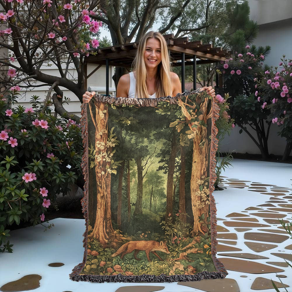 100% Cotton Woven Blanket – Enchanted Fox on Flowered Clearing in Woodland