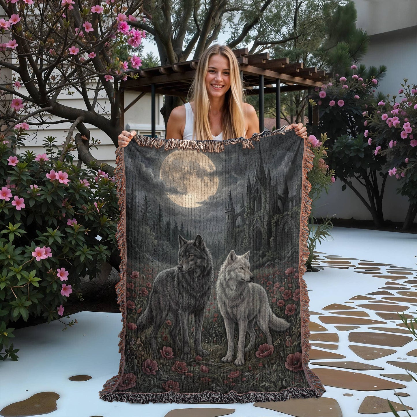 Cotton Woven Blanket – Gothic Wolf Couple in Poppy Field under Moon