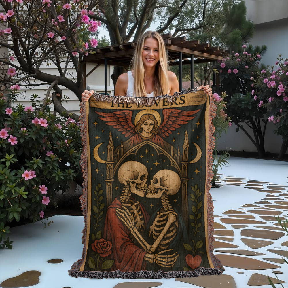 100% Cotton Woven Blanket – Gothic Skeleton Couple under Moon and Stars with Winged Angel, The Lovers Tarot Style