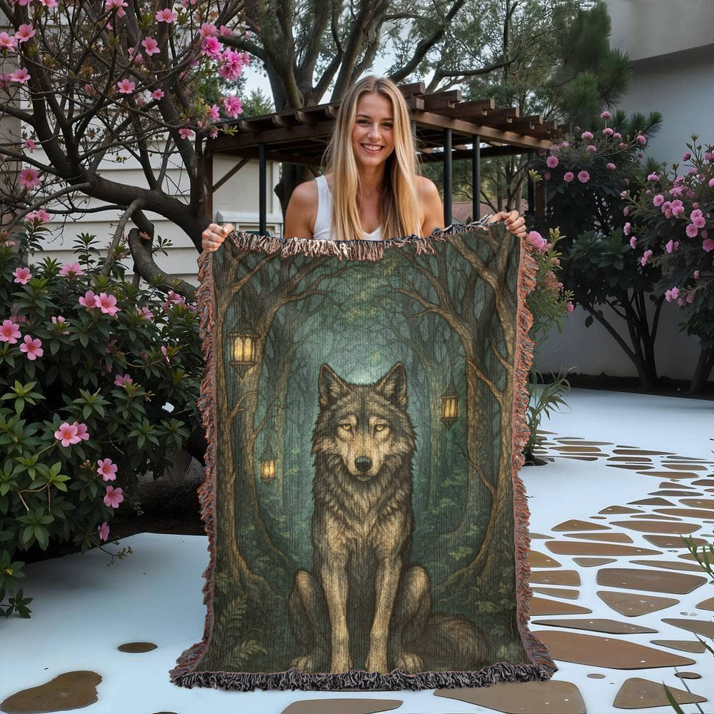 Woven Cotton Blanket – Serene Wolf in Forest under Lantern-Illuminated Trees