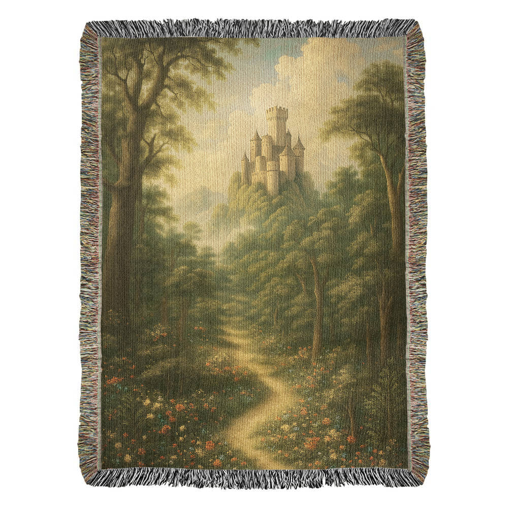 Premium Woven Cotton Throw – Fantasy Castle Rising above Trees on Hill