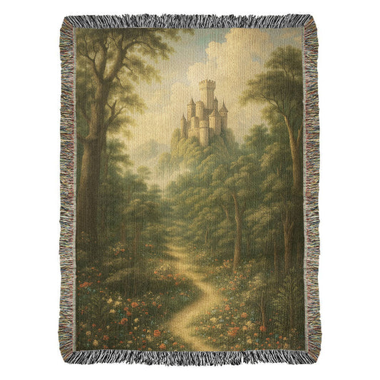 Premium Woven Cotton Throw – Fantasy Castle Rising above Trees on Hill