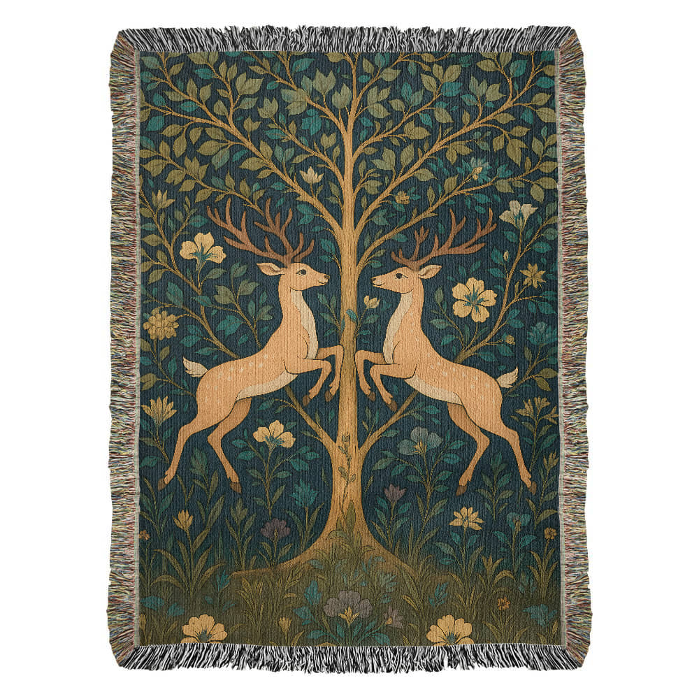 Premium Woven Cotton Throw – Fantasy Deer Duo Rearing Face to Face under Enchanted Tree