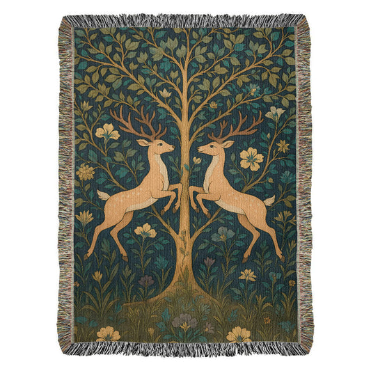Premium Woven Cotton Throw – Fantasy Deer Duo Rearing Face to Face under Enchanted Tree