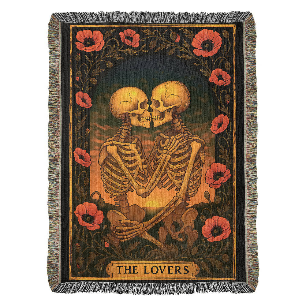 Premium Woven Cotton Throw – Skeleton Lovers with Poppy Garland Frame, Sunset Scene & The Lovers Caption