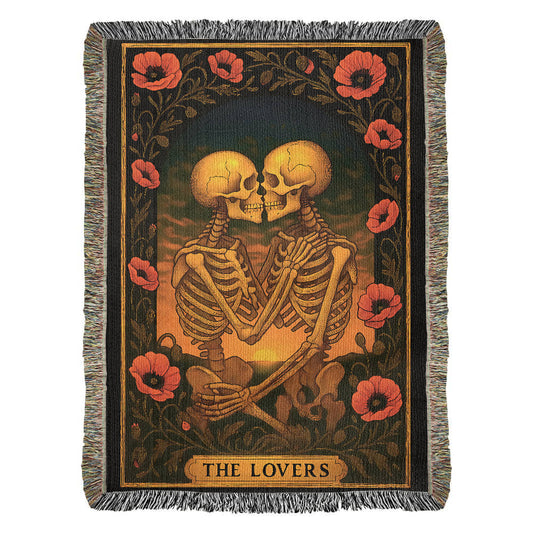Premium Woven Cotton Throw – Skeleton Lovers with Poppy Garland Frame, Sunset Scene & The Lovers Caption