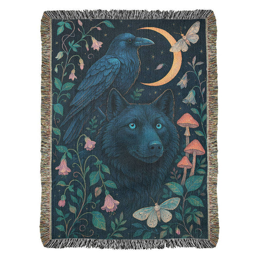 Premium Woven Cotton Throw – Enchanted Forest Scene with Black Wolf, Raven and Crescent Moon