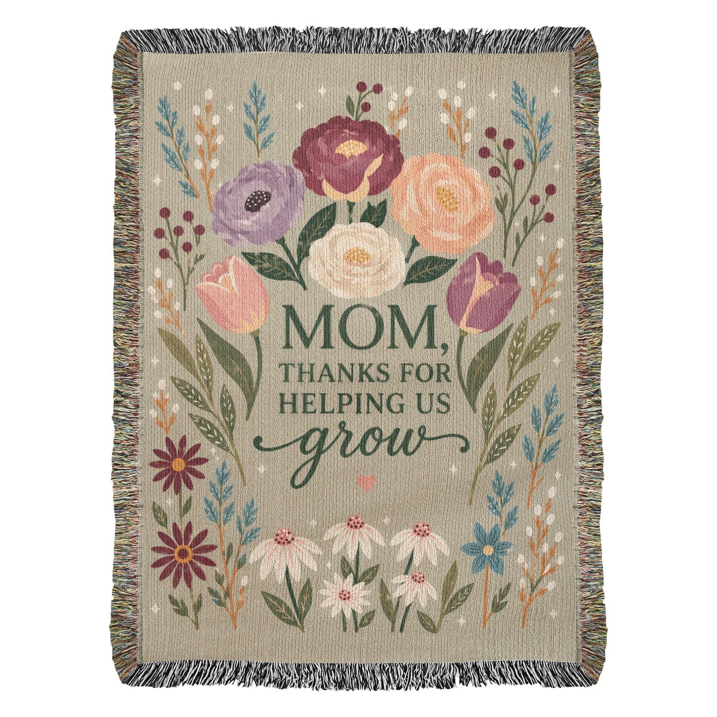 100% Cotton Woven Blanket – Mom Thanks for Helping Us Grow, Floral Mother's Day Throw, Gift for Mom
