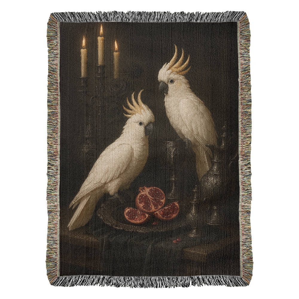 100% Cotton Woven Blanket – White Parrots on Table with Two Halved Pomegranates, Bronze Cup and Jug