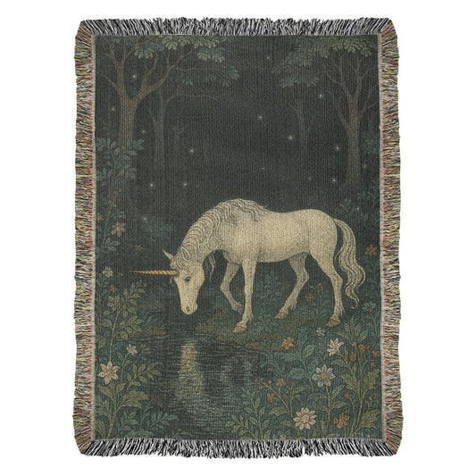 Premium Woven Cotton Throw – Unicorn in Dark Forest by Flowered Stream