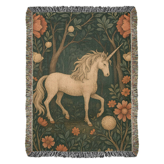100% Cotton Woven Blanket – Magical Unicorn among Woodland Flowers