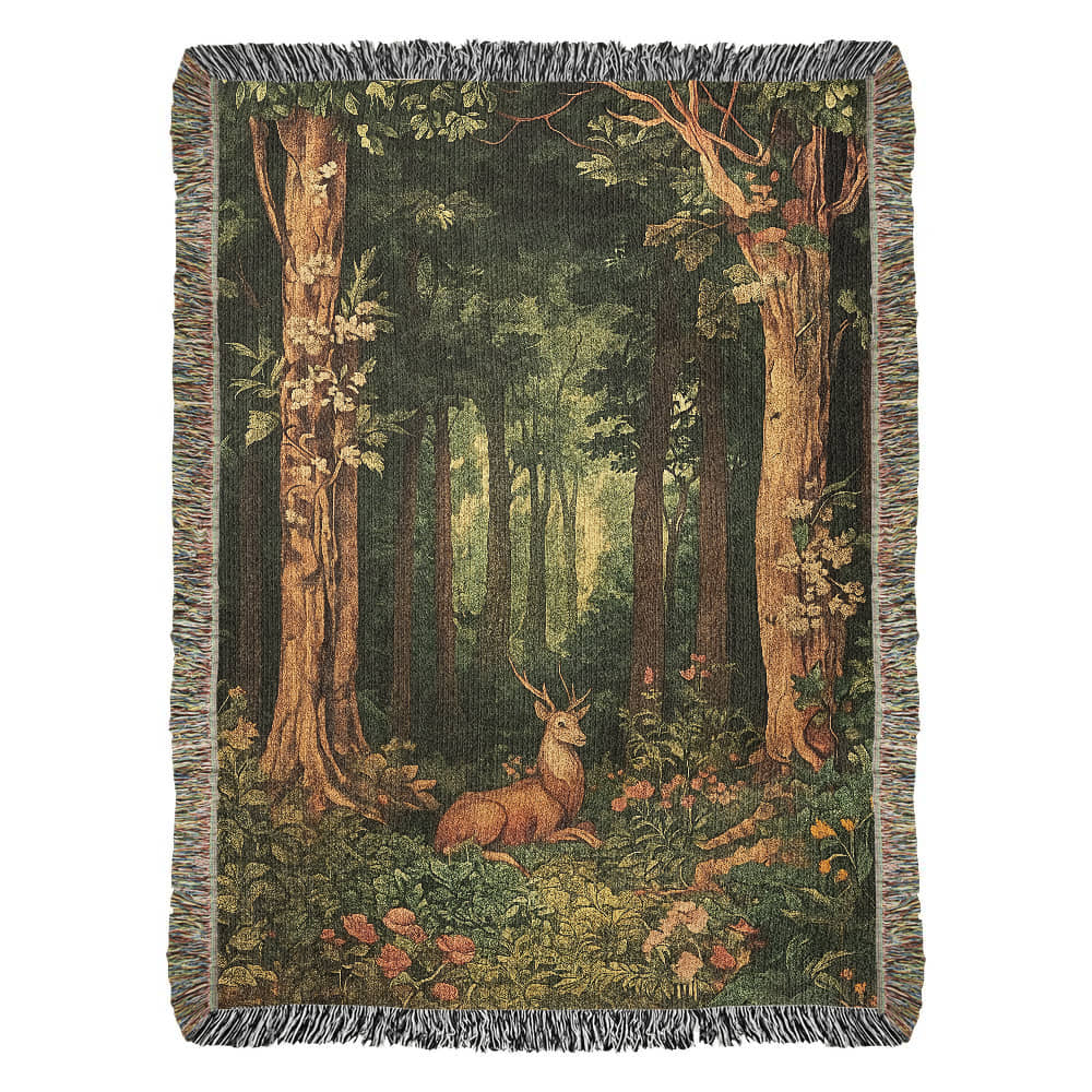 100% Cotton Woven Blanket – Enchanted Deer on Flowered Clearing in Woodland