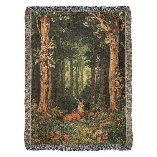 100% Cotton Woven Blanket – Enchanted Deer on Flowered Clearing in Woodland