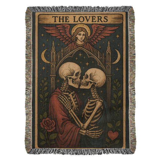 100% Cotton Woven Blanket – Gothic Skeleton Couple under Moon and Stars with Winged Angel, The Lovers Tarot Style