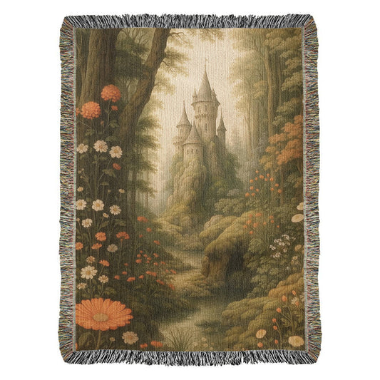 100% Cotton Woven Blanket – Fairytale Castle among Woodland Trees and Blossoms
