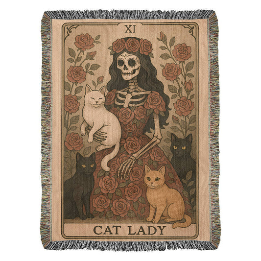 Premium Woven Cotton Throw – Skeleton Cat Lady Dressed in Red Roses with Four Cats, “Cat Lady” Card Artwork